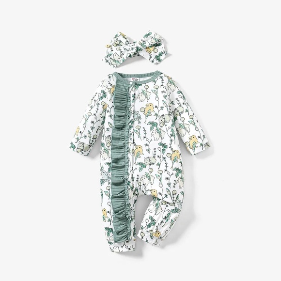 2 pc Green Rabbit Baby Jumpsuit with Headband - Picture 1 of 1
